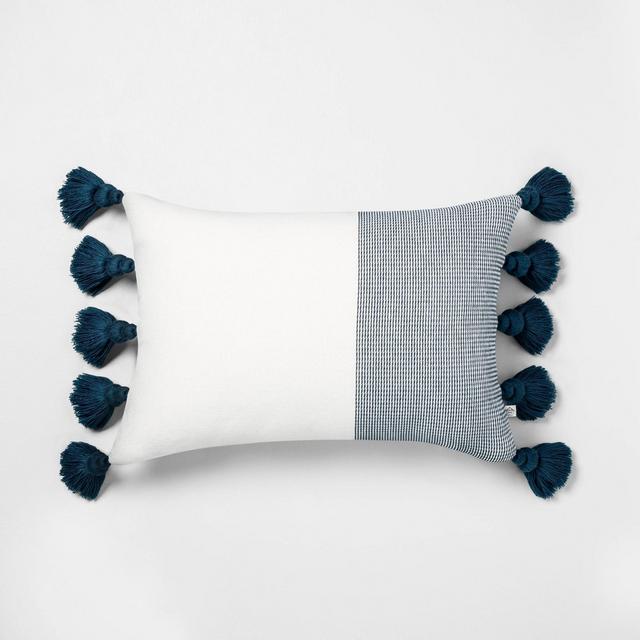 14x20 Textured Colorblock Lumbar Pillow Navy / Sour Cream - Hearth & Hand™ with Magnolia