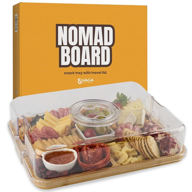 Charcuterie Board with Lid and Handle – Bamboo Travel Snack Tray with 5 Sections and 2 Dip Bowls, 11x14 inches, Covered Portable Cheese Platter for Picnics, Parties, Gifts