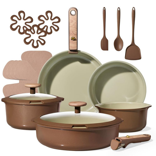 CAROTE Ceramic Cookware Set, Pots and Pans Set Non Stick with Detachable Handle, RV Kitchen Cooking Set, Induction & Oven Safe, PFAS and PFOA Free, Pistachio Green 19 Pcs