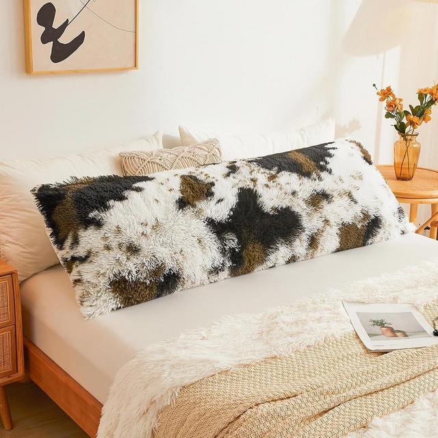 LIFEREVO Cow Print Fluffy Faux Fur Body Pillow Cover 20"x54" with Zipper, Luxury Soft Shaggy Plush Long Pillow Sham Fuzzy Bed Pillowcase,Decorative Body Pillow Case for Home Bedroom(Cow Print Brown)