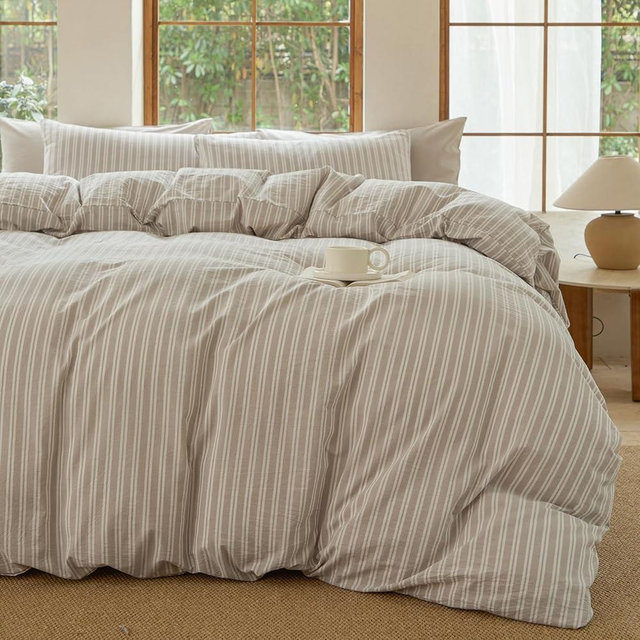 BESTDESIL Striped Duvet Cover Set,100% Washed Cotton Linen Like Comforter Cover,Breathable,Durable,Comfy(Strip-Tannish Linen Grey/White,Queen)
