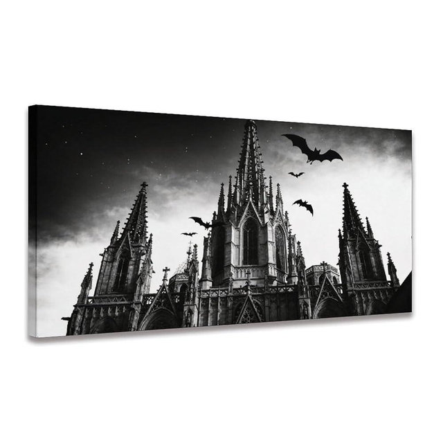 Gothic Cathedral Wall Art, Black And White Architectural Canvas Wall Art, Moody Decor for Living Room 32" L x 16" W