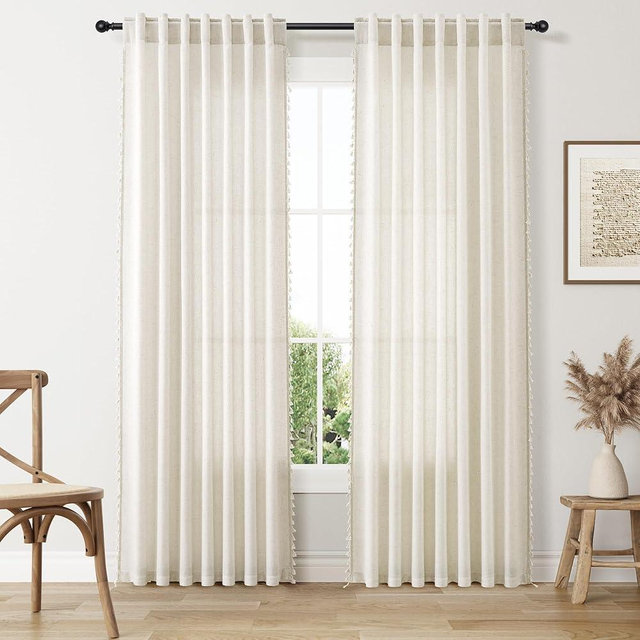 Boho Linen Curtains 84 Inches Long 2 Panels for Living Room Bedroom Natural Cream Bohemian Farmhouse Tassels Curtains Beige Semi Sheer Flax Light Filtering Chic Rustic Back Tab Curtain Drapes 52x84