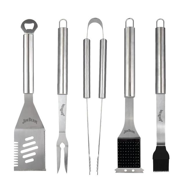 Jim Beam® 5 Piece Stainless Steel BBQ Tool Set - 2-Prong Fork, 4-in-1 Spatula, Grilling Tongs, Basting Brush, Extra Long Handles