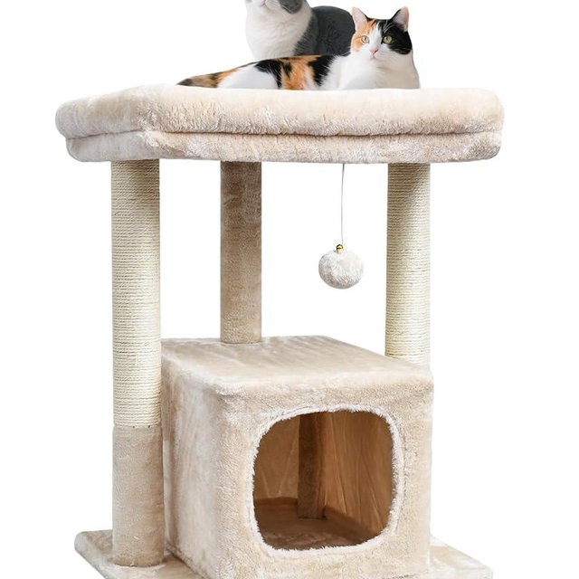 SYANDLVY 27" Cat Tree for Indoor Cats, Activity Tower with Scratching Posts, Modern Kitten Condo with Plush Perch & Hanging Ball for Play, Beige