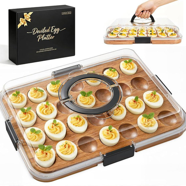 Renmxj Deviled Egg Containers with Lid Easter Gifts Set (28 Eggs), 2026 Upgraded Acacia Wooden Deviled Egg Tray Platter for Party, Home Kitchen Gift for Women, The Lid is Dishwasher Safe (Black)