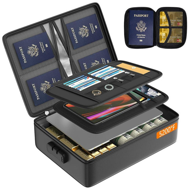 Grothery 5200°F Fireproof Document Box with Lock Fireproof & Waterproof File Organizer Box 8 Layer Heat Insulated Aluminum Foil Important Document Organizer Fire Proof Passport Travel Doc Holder Black