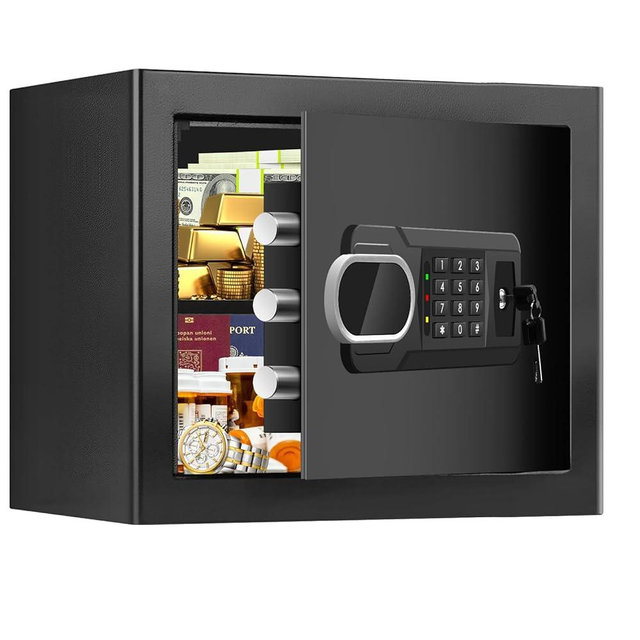 1.8 Cubic Feet Small Fire Safe Box for Home, Fireproof Lock Box, Security Money Safe with Digital Keypad, Spare Keys and Removable Shelf, Personal Home Safes for Money, Jewelry, ID Documents