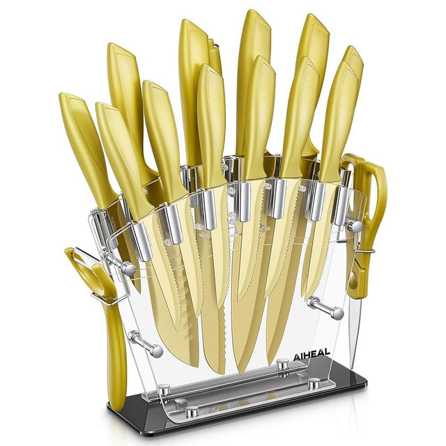 Aiheal Knife Set, 16 Pieces High Carbon Stainless Steel Golden Color Kitchen Knife Set, Titanium Coating Blade, No Rust and Super Sharp Cutlery Knife Set with Acrylic Stand and Kitchen Scissors, Gift