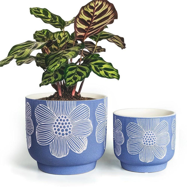 YBX 8 Inch + 6 Inch White Flower Pattern Plant Pots, Sand Glazed Ceramic Planter with Drainage Hole, Flower Pots for Indoor Plants, Blue