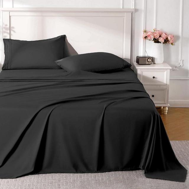 ROSE&RISY Black King Sheet Set, 4 Pieces Soft Bedding Queen Sheet Set, Breathable and Cooling,Includes 1 Fitted, 1 Flat, 2 Pillow Cases - Deep Pocket (Black, King)