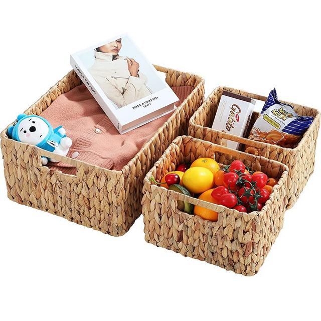 MORMAX Water Hyacinth Storage Baskets for Organizing, Wicker Baskets for Storage with Dual Carry Handles, Set of 3, Natural (Larger Basket: 16.9 x 12.2 x 7.5 IN)