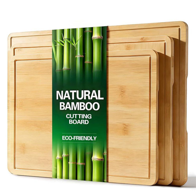 Zarler Bamboo Cutting Boards for Kitchen, 3 Piece Durable Wood Cutting Board with Juice Grooves and Handles, Wooden Chopping Board Set for Meal Prep, XL Size, Ideal Kitchen Gift