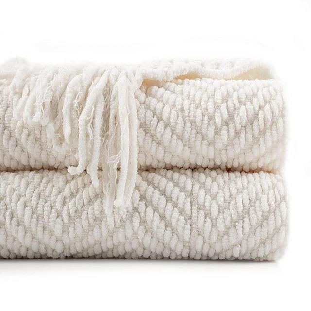BATTILO HOME Cream Throw Blanket for Couch, Textured Knitted Throw Blanket with Tassels, Couch Cover Blanket Warm Decorative White Throw Blanket for Sofa Living Room, 50" x 60"