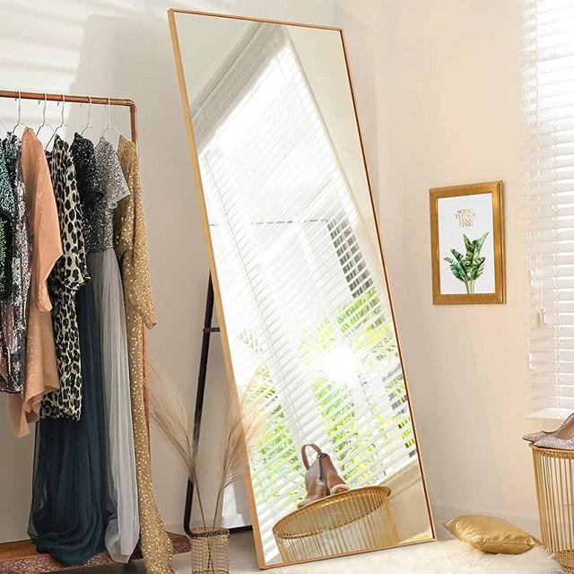 LifeFair Full Length Gold Mirror 65"x22", Wall_Mounted Mirror Standing or Leaning Againt Wall Large Framed Mirror, Aluminum Alloy Thin Frame Floor Mirror, Big Standing Mirror for Bedroom