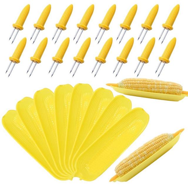 16 Pack Corn Cob Holders and 8 Pack Corn Dishes, Corn Dishes and Corn Holders Set Kits, PEOUWNES Corn on The Cob Holders, Stainless Steel Corn Holders, Corn Holders for Corn on The Cob