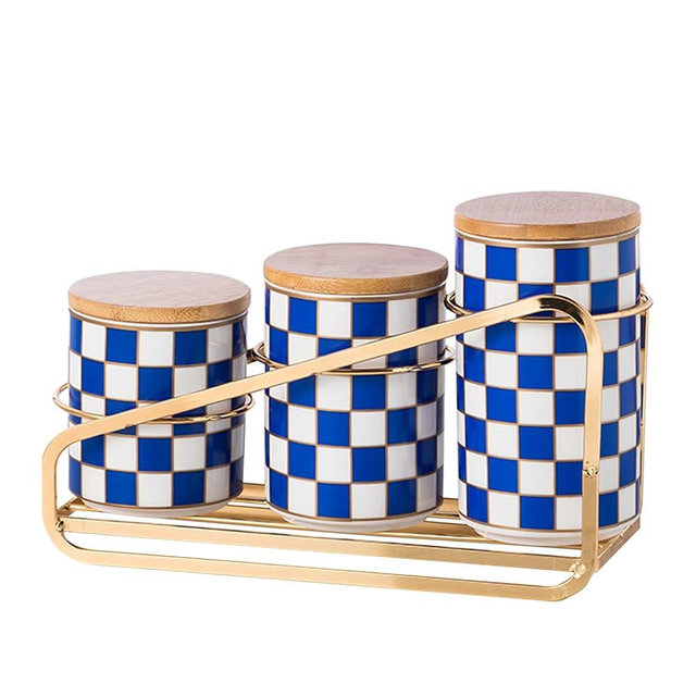 XYQXYQ Kitchen countertop ceramic grid pattern airtight jar set - a set of 3 kitchen jars with layered shelves, sealed countertop flour and sugar containers, coffee and tea storage (Blue)