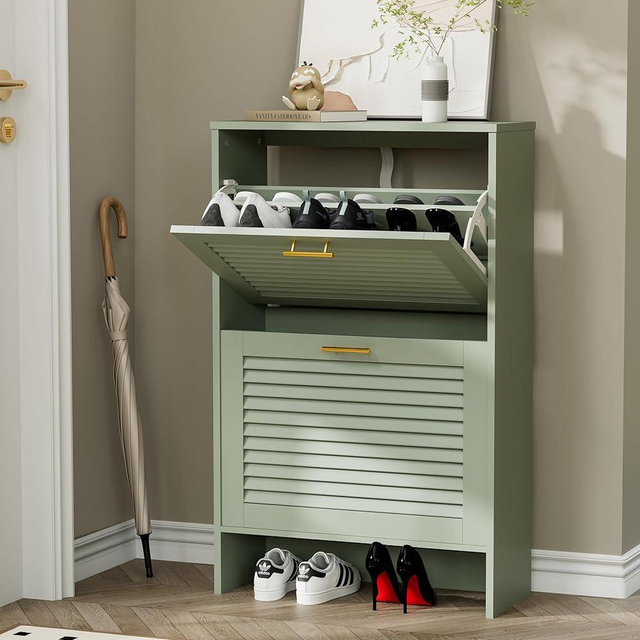 Glavbiku Shoe Storage Cabinet with 2 Flip Drawers, Louvered Shoe Cabinet for Entryway, Narrow Hidden Storage Organizer Space Saving, Shoe Rack Cabinet for Hallway Foyer, Green