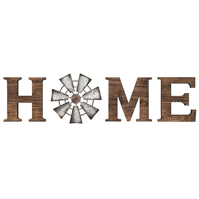 Mkono Wall Hanging Wood Home Sign with Metal Windmill for O Rustic Wooden Home Hanging Letters Decorative Wall Decor Signs for Living Room House, Brown