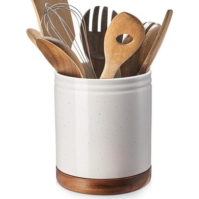 DOWAN 360° Rotating Utensil Holder, Large Utensil Crock, White Ceramic Cooking Utensil Organizer with Countertop-Protection Cork Bottom for Farmhouse Kitchen Decor Gift (White)