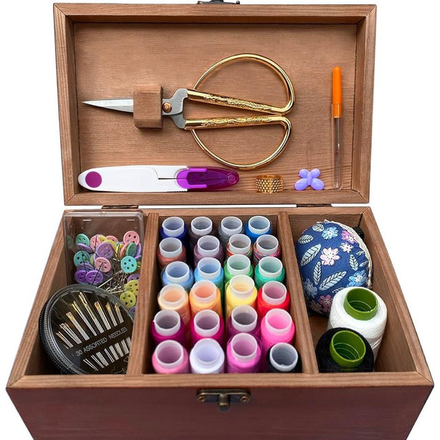 Sewing Kit Wooden Box with Cute Sewing Accessories Supplies Hand Sewing Kit for Kids Girls Beginners Adults Vintage Repair Kit
