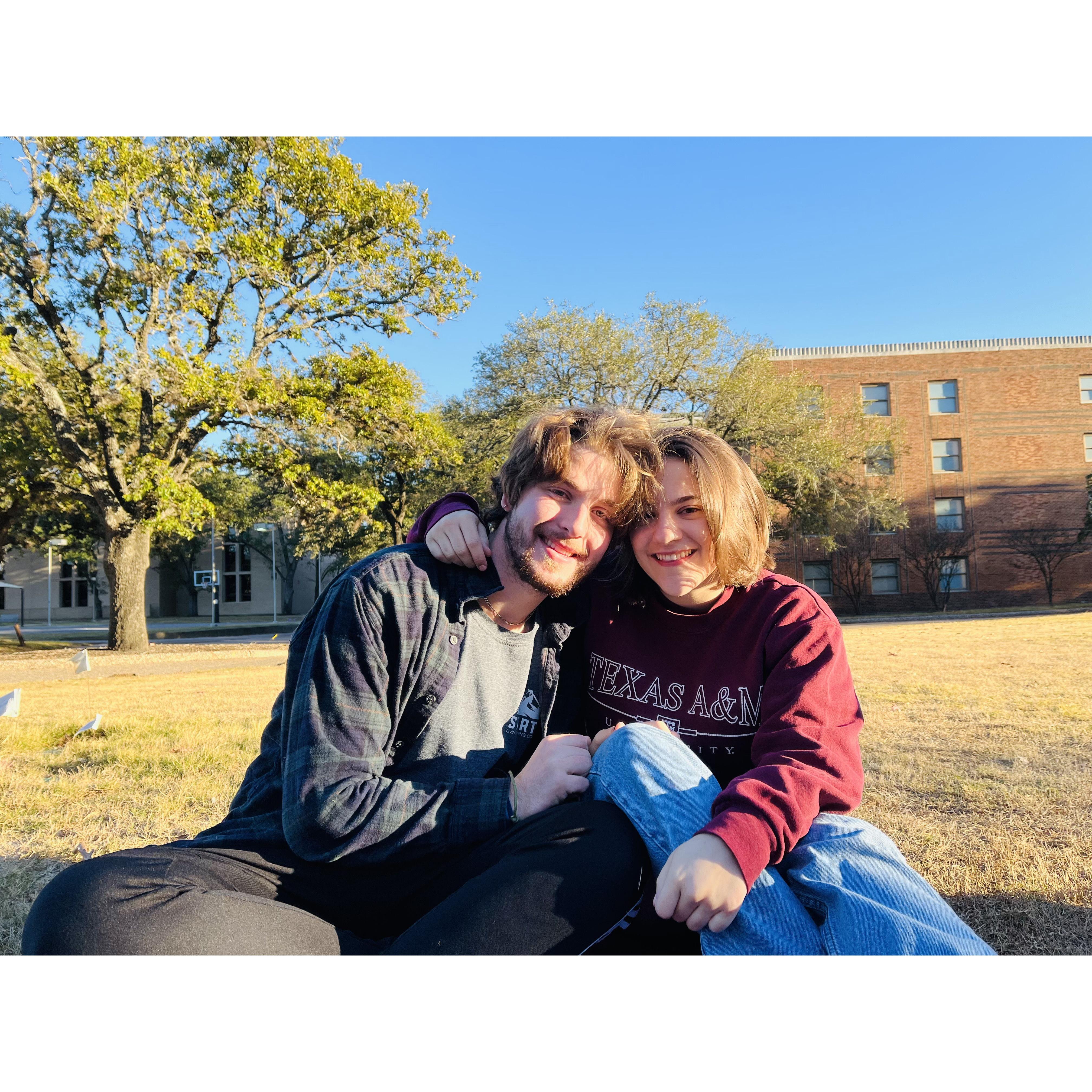 Having a picnic together on campus at Texas A&M