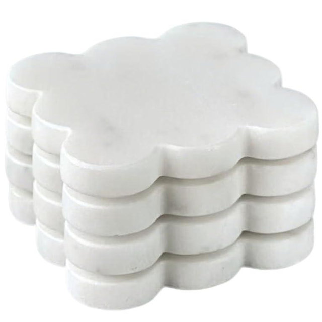 Marble Coasters Set of 4, Handcrafted Drink Protectors, Natural Stone Coaster Bar & Table Decor, Modern Desk Aesthetic Accessories, Non-Slip Luxury Gift (Marble White Square Scalloped)