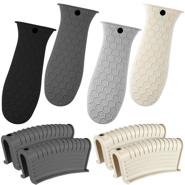 Patelai 8 Pcs Silicone Pot Holders Cast Iron Handle Cover Heat Resistant Pot Handle Covers Potholder Non Slip Reusable Pan Sleeve for Frying Pan Kitchen Supplies (Black,Gray,Light Gray,Khaki)