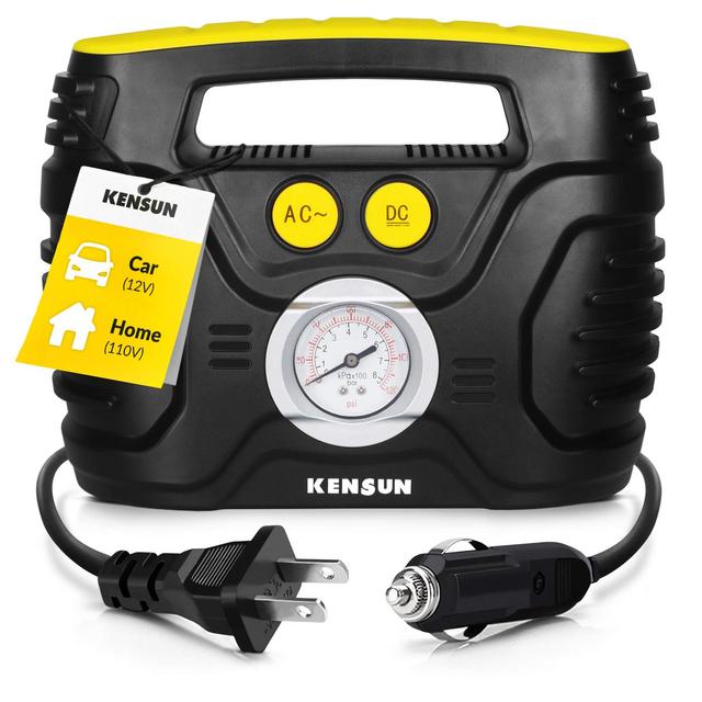 Kensun 4333087805 Compact Portable Air Compressor Pump 12V Home 110V Swift Performance Tire Inflator 120 PSI for Car-Bicycle-Motorcycle-Basketball and Others with Analog Pressure Gauge (AC/DC)