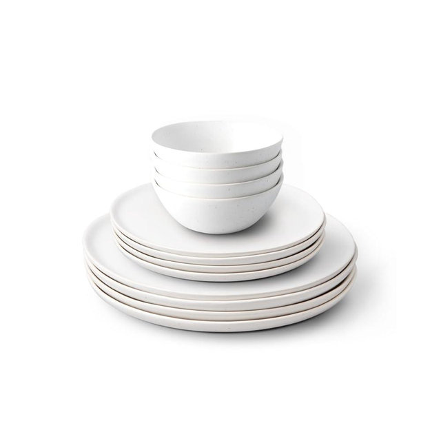 Fable Dinnerware Set - Includes 4 Each of The Dinner Plates, The Salad Plates, and The Breakfast Bowls - Dishwasher Safe, Durable Stoneware Ceramic Plates and Bowls - Speckled White
