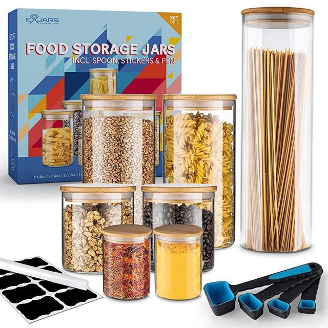 Extreme Jars Glass Storage Jars - 7 Glass Jars for Food Storage with Lids - Airtight Bamboo Lid Storage Containers Incl. Spoon, Stickers, Pen - Food Storage Jars Pantry, Kitchen, Pasta, Candy, Cereals