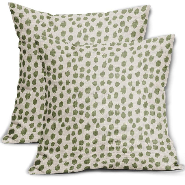 Sweetshow Sage Green Cream Pillow Covers 18x18 Set of 2 Boho Design Polka Dot Throw Pillows Modern Brush Strokes Print Decorative Outdoor Pillowcase Square Cushion Cover Linen Case for Sofa Couch Bed