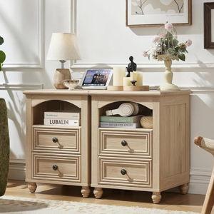 RWYHG 18" Farmhouse Night Stand Set of 2 with Charging Station, Natural Wood Nightstand with 2 Drawers, Bedside End Table with Shelf Storage, Bed Side Tables for Bedroom, Living Room, and Closet