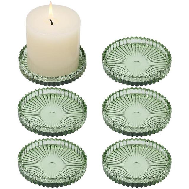 CHOCSTAY Glass Pillar Candle Holder, 4" Green Candle Plates Set of 6, Glass Candle Holders for Wedding, Party, Holiday, Home Decor, Table Centerpiece