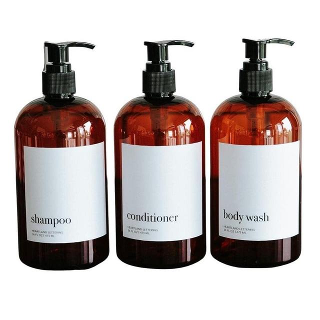 Plastic Pump Bottles for Shampoo and Conditioner Dispenser, Shower Bottles Refillable with Labels, Amber Soap Dispenser Bathroom Set, Amber Bottles for Shampoo Conditioner and Bath Wash