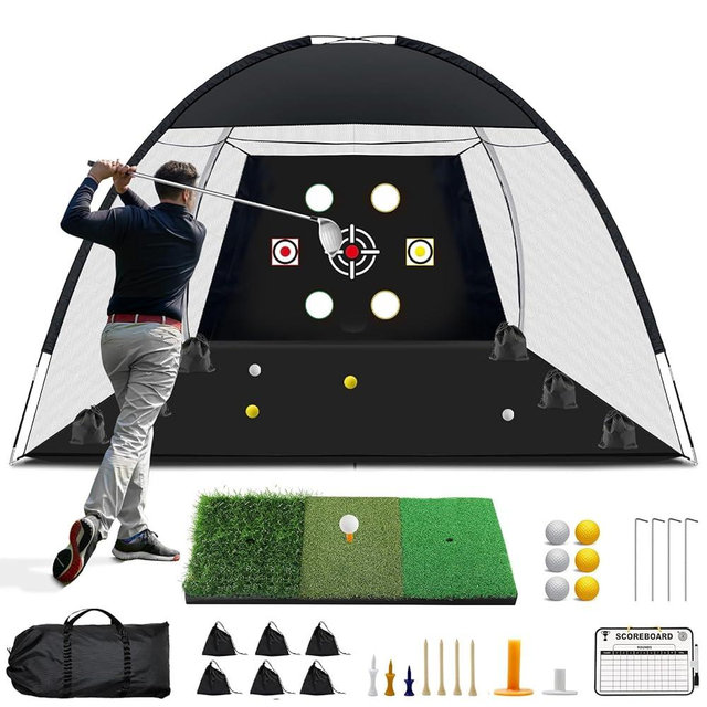Golf Net, 10x7 Ft Practice Hitting Golf Net with Tri-Turf Mat, Ball, Tee, and Carring Bag, All-in-One Multi-Target Training Aid for Outdoor/Indoor Chipping & Driving, Ideal Gift for Men/Enthusiasts