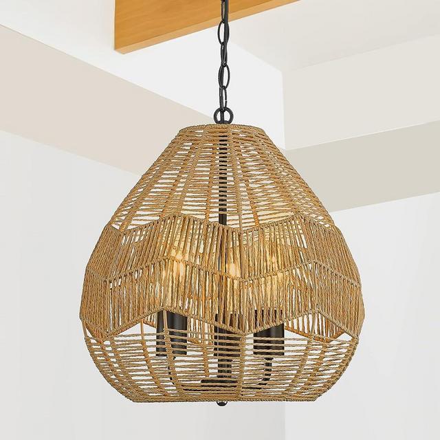 ELYONA 3-Light Boho Chandelier, 15.7” Woven Pendant Light Rattan Basket Shade, Coastal Hanging Light fixtures with Adjustable Iron Chain for Dining Room Kitchen Island Living Room Bedroom Entryway