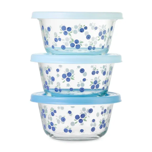 Ello Everyday 6pc 3c Glass Set with Body Decal Food Storage Containers Blue Blueberries