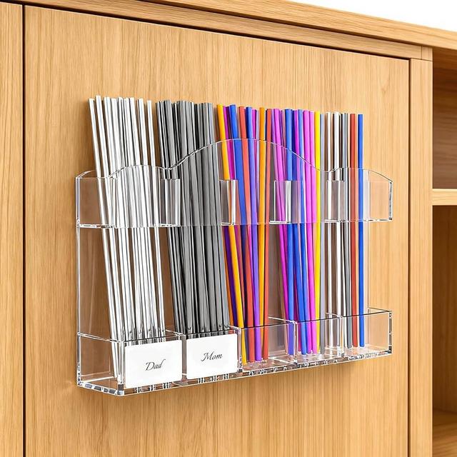 FOOGWEE 9.8" Acrylic Straw Holder for Cabinet Door - Straw Organizer with Ultra-Sticky Adhesive, Kitchen & RV Essensials, 5-Compartment Storage for Reusable Straws & Brushes, Colored Pencils, Markers