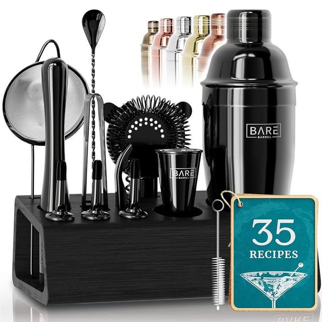 BARE BARREL® Mixology Bartender Kit Bar Set | 14-Piece Martini Cocktail Shaker Set | Professional Barware Mixing Tools for Home Bartending | Stand & 35 Recipe Cards | Gift Set (Jet Black)