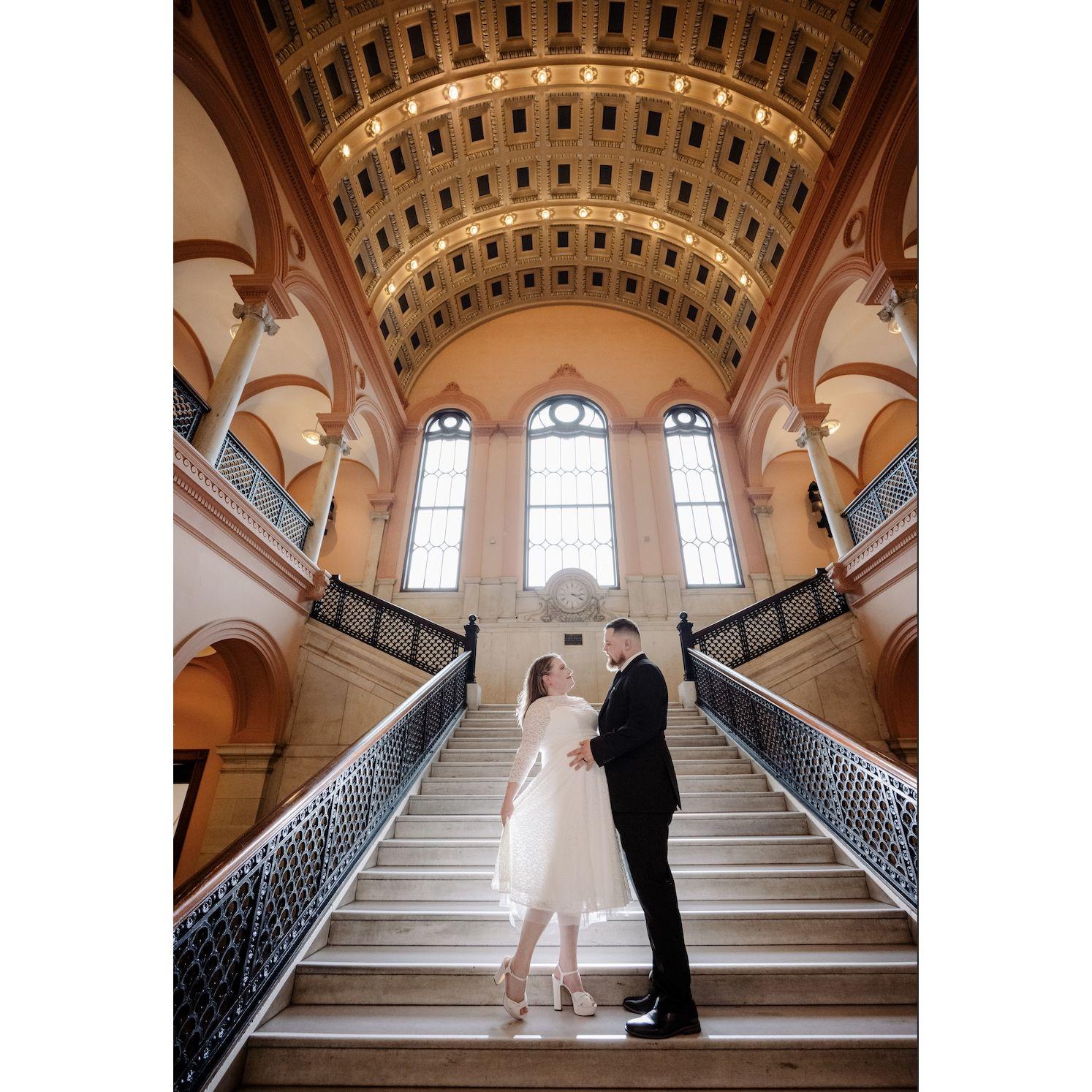 On our wedding day at Worcester City Hall, September 26, 2024.