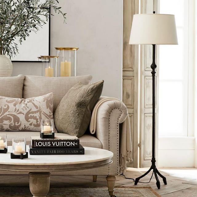 Jerome Iron 61" Floor Lamp, Bronze Base With Large Stright-Sided Linen Drum Shade, White