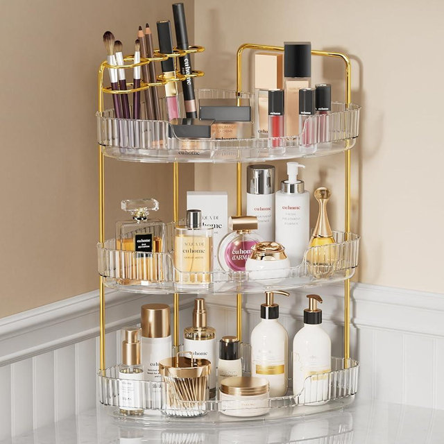EUHOME 3-Tier Corner Bathroom Counter Organizer Makeup Cosmetic Storage, Tool-Free Installation Acrylic Vanity Shelf, Countertop Storage Organizers Perfume Tray for Bathroom, Dresser, Kitchen (Clear)