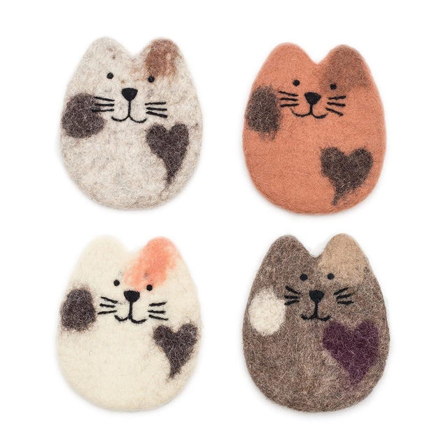 GLACIART ONE Cat Felt Wool Coasters for Drinks - 4Pack | Moisture Absorbent Drink Coasters for Coffee Table, Office or Dining Table | Large Size for Glass, Mug, Cup or Soup Bowl | Gifts for Cat Lovers