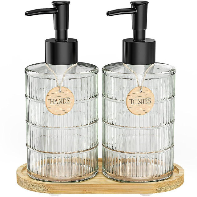 MASADI Soap Dispenser Set with Bamboo Tray, Dish and Hand Soap Lotion Dispenser Set with Wooden Pump for Kitchen and Bathroom Decor for Counter, Modern Vintage Liquid Soap Dispensers (Clear)