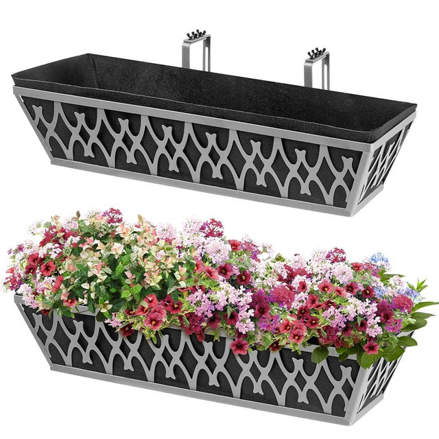 2 Pack 24 Inch Window Boxes Planters Railing Planter Box with Adjustable Brackets & Non-Woven Fabric Plant Grow Bags Deck Railing Planter Boxes Balcony Hanging Flower Box for Outdoor Plants