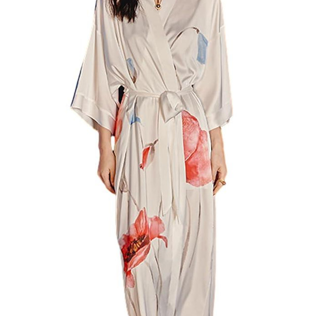 Daiwor Kout Silk Satin Robe for Women Long Japanese Kimono Robe Lightweight Soft Bathrobe Floral Luxury Dressing Gown