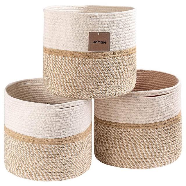 VOTEN Cotton Rope Storage Basket Bins Round Storage Cube Organizer Basket Foldable Decorative Woven Basket with Handles for Laundry,Clothes,Toys,Books,Towels,Nursery(Round,11x11x11,Mix Jute,3 Pack)