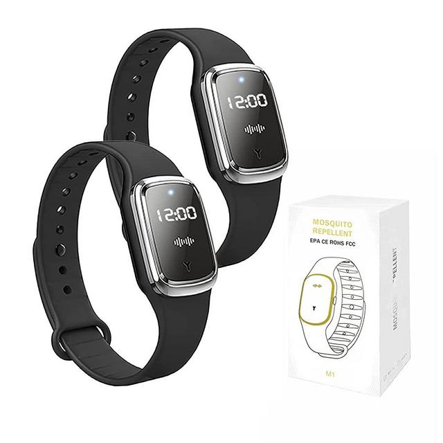 QU.SBEARY Ultrasonic Mosquito Repellent Bracelet Watch with Electronic Clock USB Charging Waterproof Portable Smart Mosquito Anti-Mosquito Bracelet (2 Pack, Black)