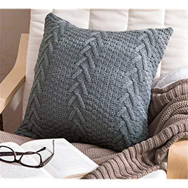 Decorative Cotton Knitted Pillow Case Cushion Cover Double-Cable Warm Throw Pillow Covers for Bed Couch 18" X 18" (Cover Only, Grey)
